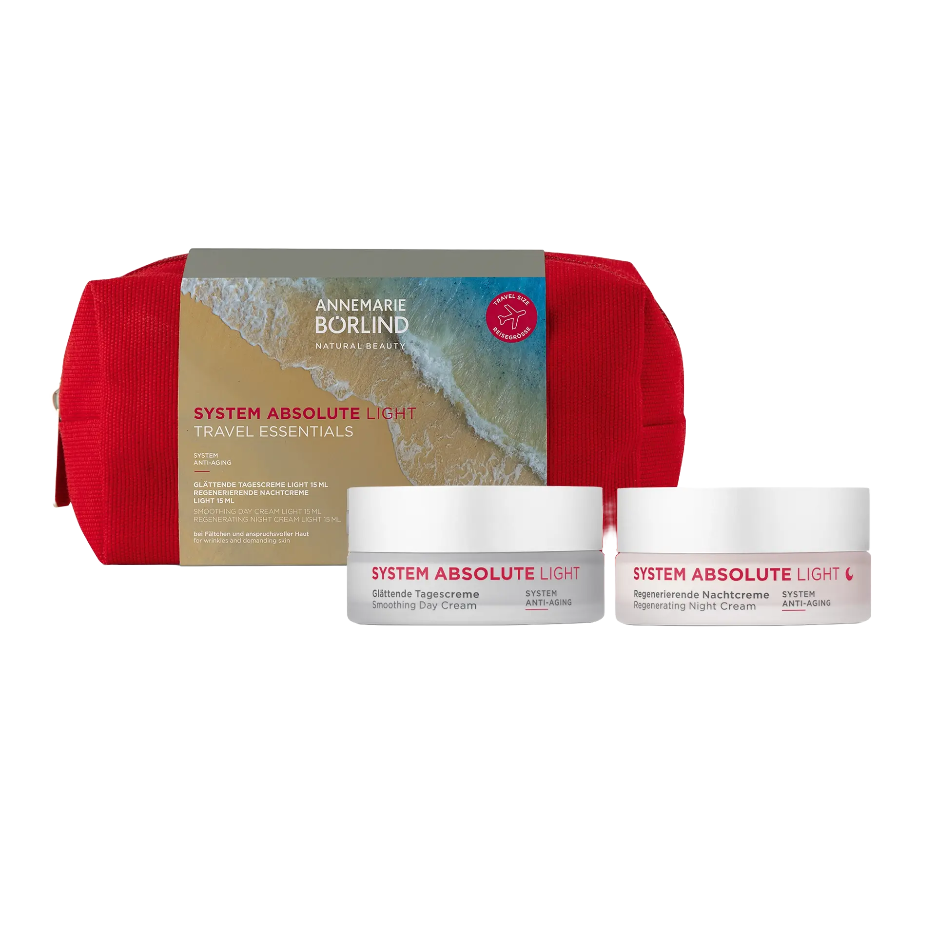 ANNEMARIE BÖRLIND SYSTEM ABSOLUTE Set mit Mini Tages- & Nachtcreme Light in eleganter roter Kosmetiktasche.